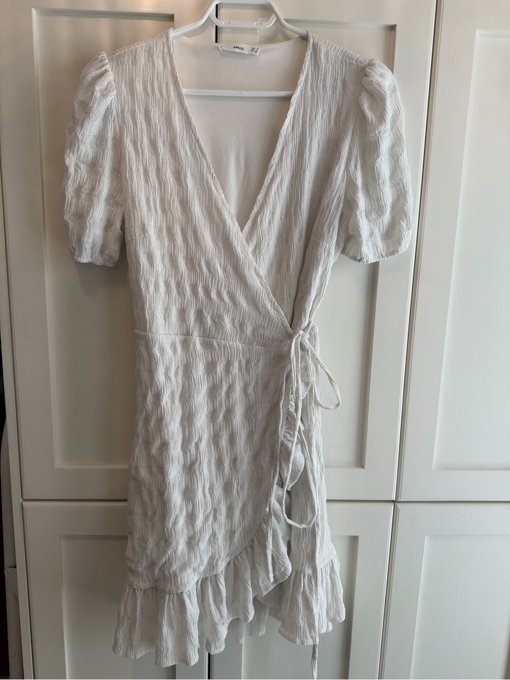 Mango White Textured Wrap Midi Dress with Ruffle Hem